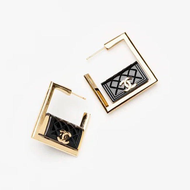 18K Chanel Black Bag Hoop Earrings