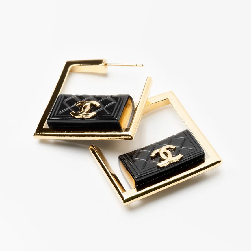 18K Chanel Black Bag Hoop Earrings