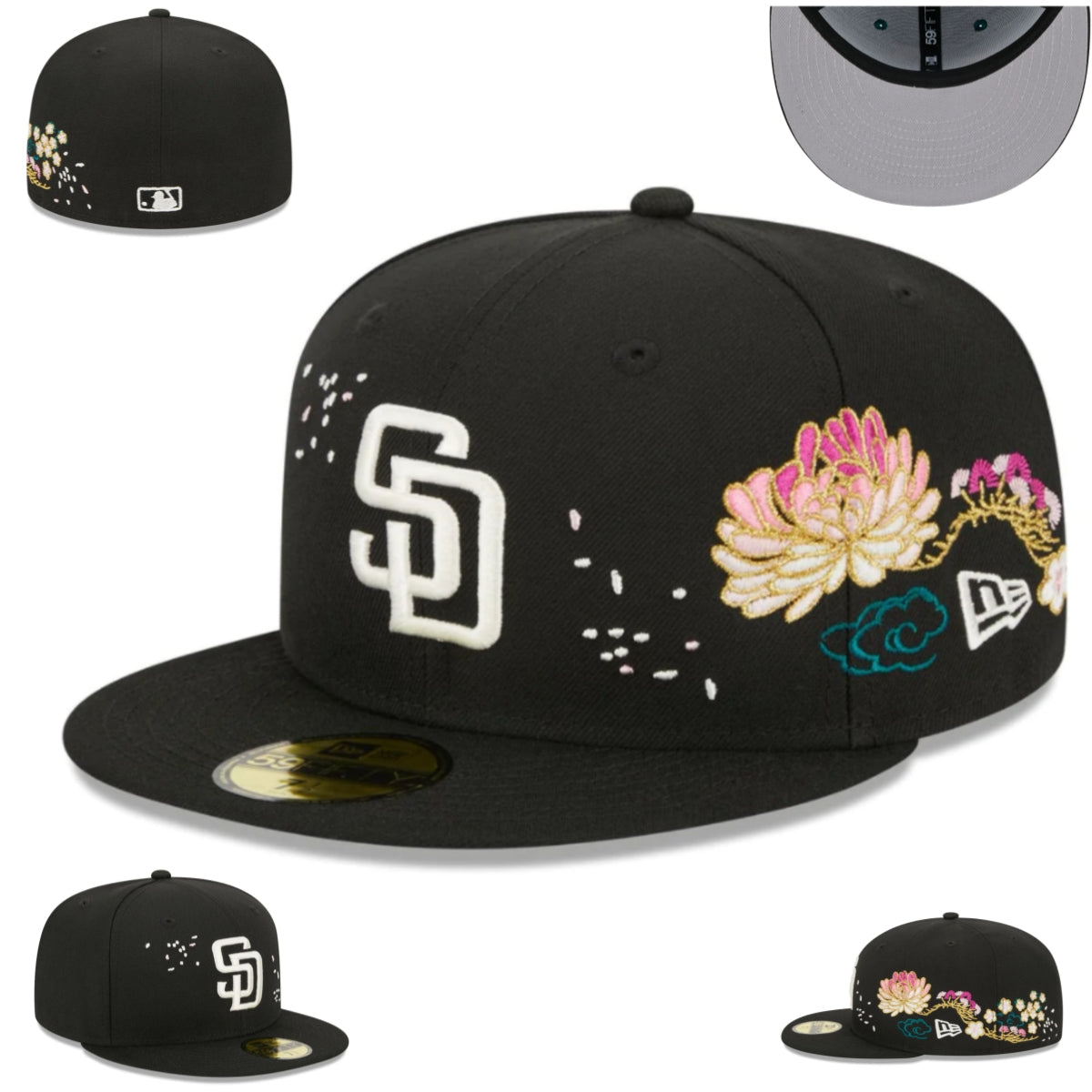 San Diego Padres Floral Embroidered Black Fitted Hat