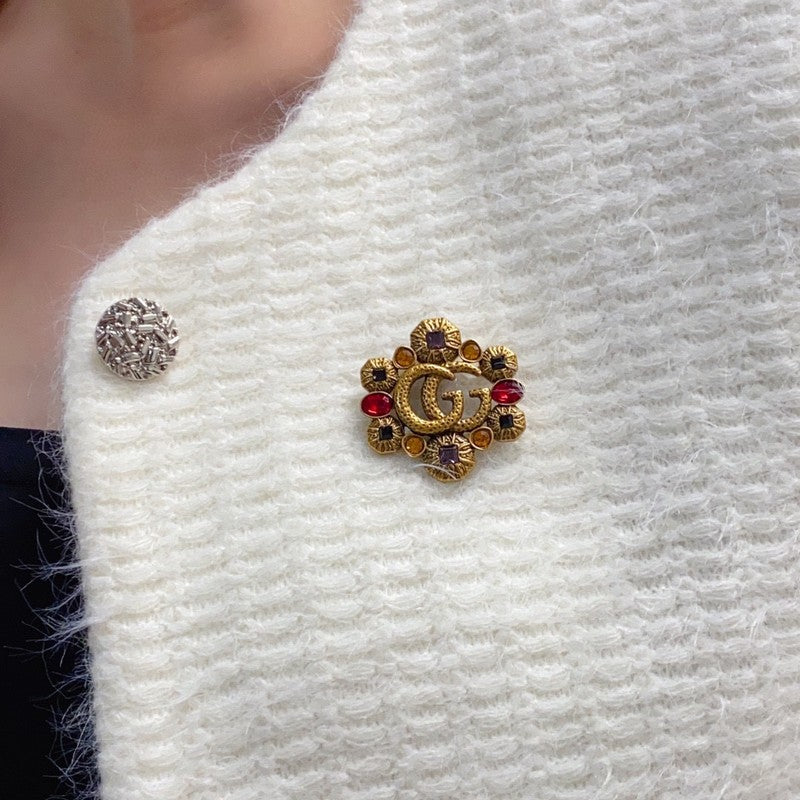 18K Gucci Double Flower Crystal Brooch