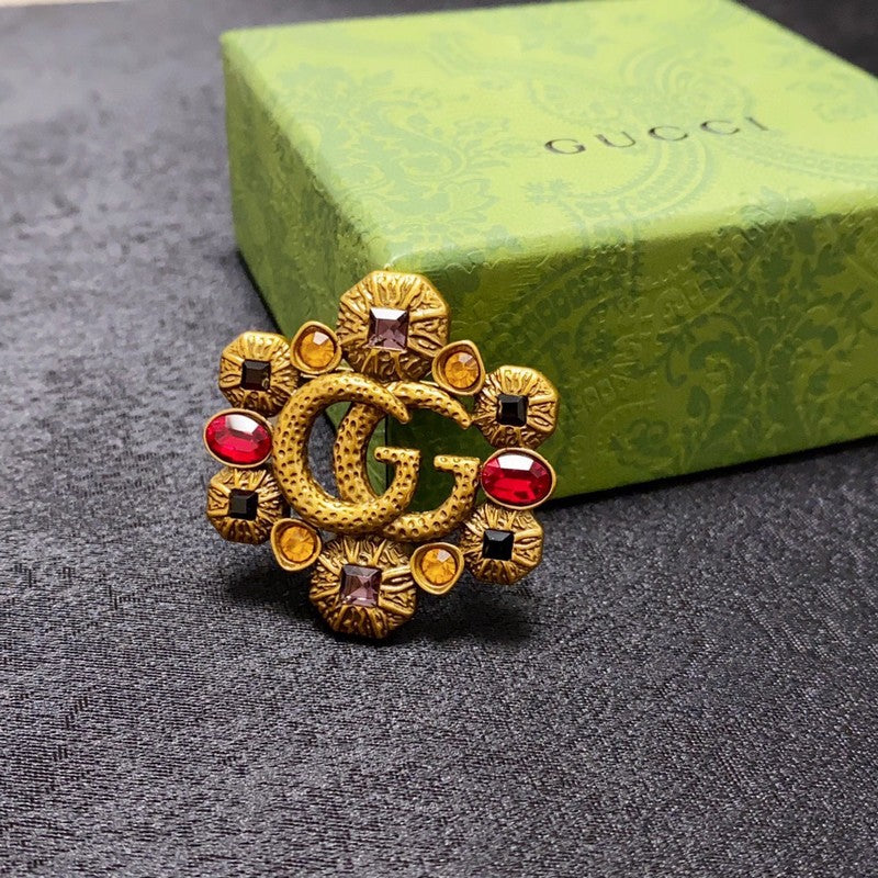 18K Gucci Double Flower Crystal Brooch