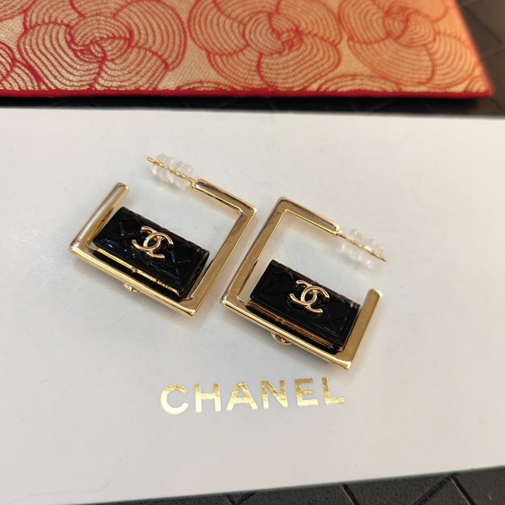 18K Chanel Black Bag Hoop Earrings