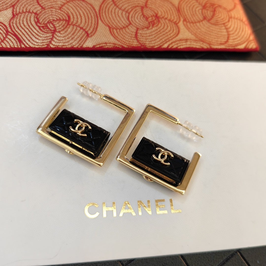 18K Chanel Black Bag Hoop Earrings