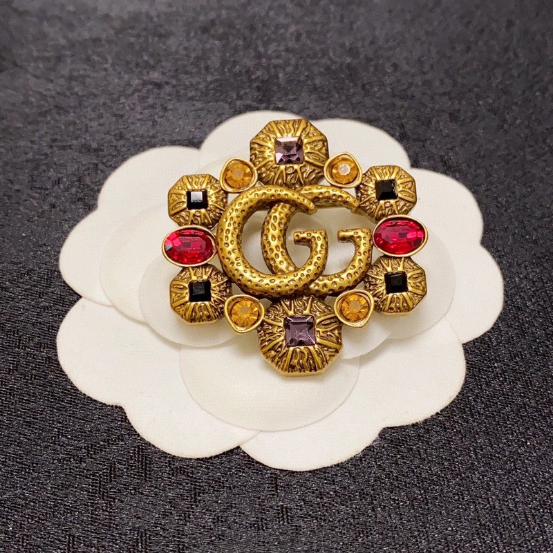 18K Gucci Double Flower Crystal Brooch