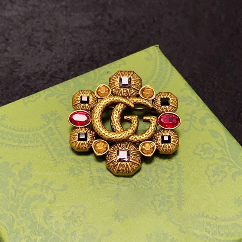 18K Gucci Double Flower Crystal Brooch