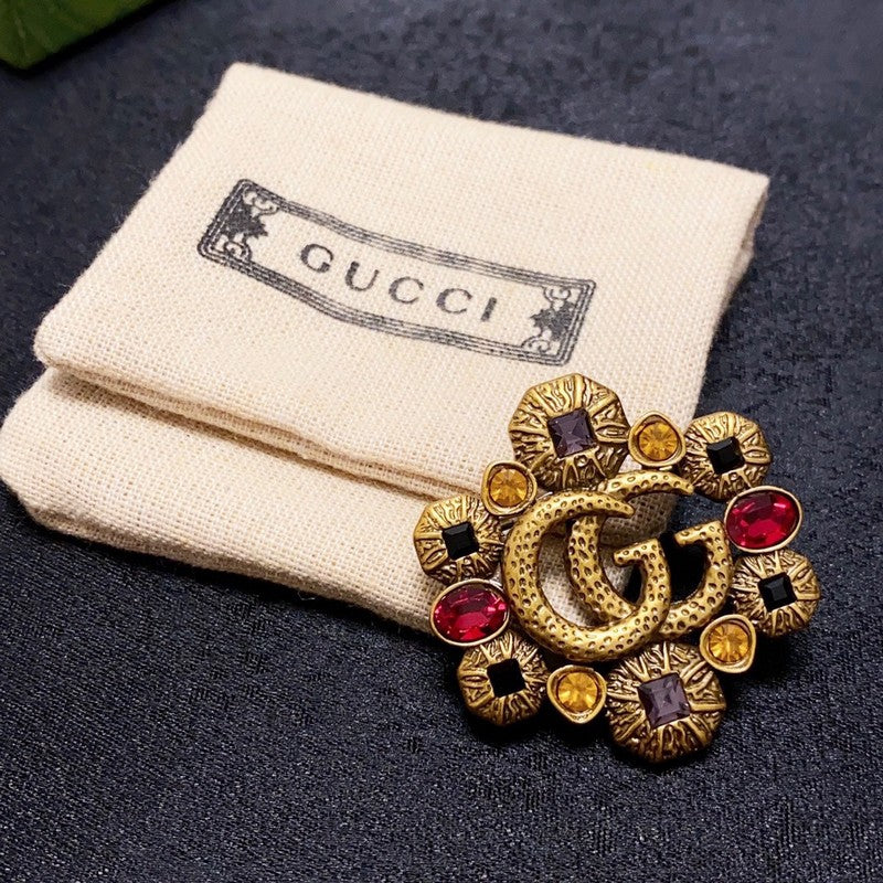 18K Gucci Double Flower Crystal Brooch