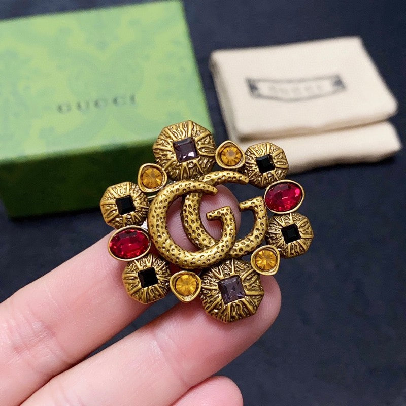 18K Gucci Double Flower Crystal Brooch